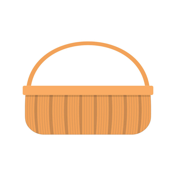 食べ物や飲み物のためのウィッカーピクニックバスケット。白い背景に一本の柄で織られたヤナギのハンパー。ベクトルフラット漫画イラスト - ベクター画像