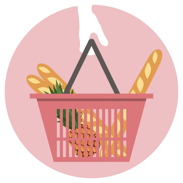 Un carrito de compras de un supermercado con comestibles en colores rojo y rosa. Aislado sobre fondo blanco diseño plano de una mano sosteniendo una cesta con baguettes y piña. - Vector, imagen