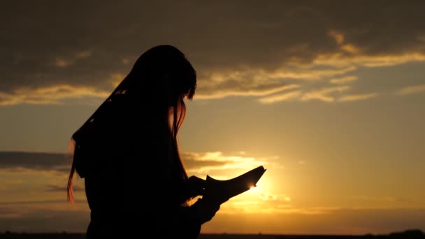 Una donna legge un libro a raggi di sole. Ragazza gira pagine di libro in raggi di tramonto, legge la Bibbia all'aperto. Studiare la parola di Dio all'alba sulla cima del monte. Ricerca della verità nelle scritture - Filmati, video