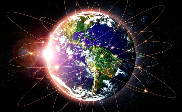 Σύνδεση παγκόσμιου δικτύου που καλύπτει τη γη με γραμμές καινοτόμου αντίληψης - Φωτογραφία, εικόνα