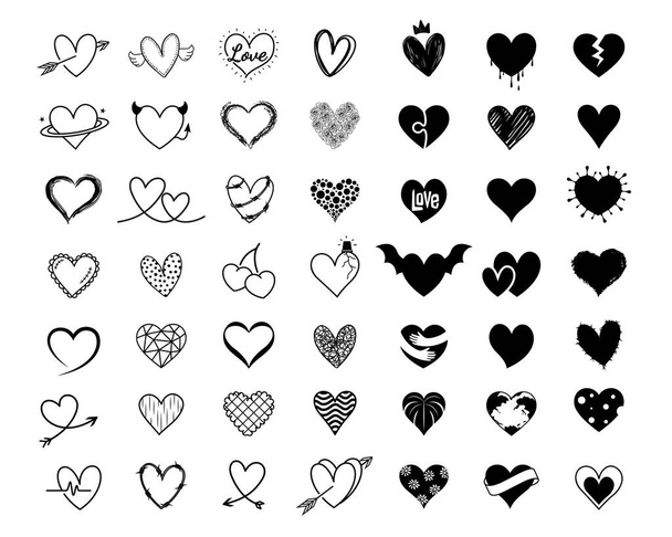Corazón icono diseño conjunto. Estilo de línea dibujada a mano para el día de San Valentín. Ilustración vectorial. - Vector, imagen