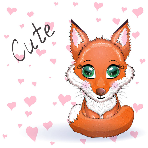 Cute red fox with a fluffy tail, children's theme. - Vektori, kuva