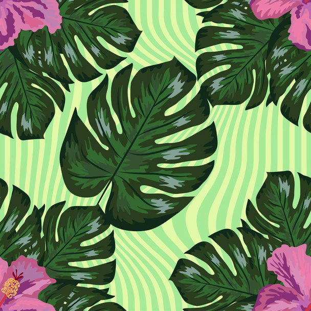 Tropical flowers and palm leaves on background. Seamless pattern. - Vetor, Imagem
