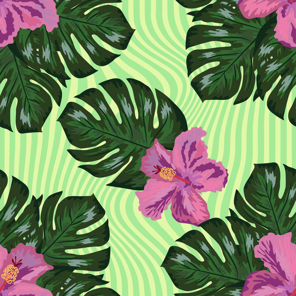 Tropical flowers and palm leaves on background. Seamless pattern. - Vetor, Imagem