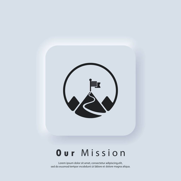 Εικόνα αποστολής. Γκολ. Λογότυπο αποστολής. Βουνό με σημαία. Βέκτορ. Εικονίδιο UI. Neumorphic UI UX λευκό κουμπί web interface χρήστη. - Διάνυσμα, εικόνα