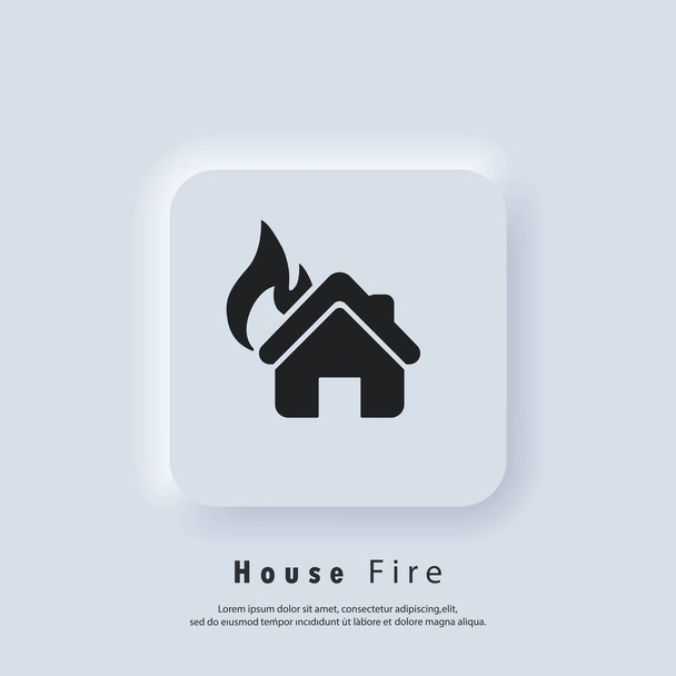Casa em chamas. Logotipo de incêndio. Vector. Ícone UI. UI neumórfica UX botão web interface de usuário branco. Neumorfismo - Vetor, Imagem