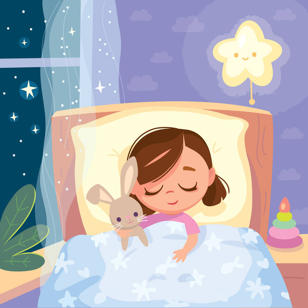 Portrait of sleepy baby girl lying in the bed under cover holding with imaginary friend,bunny rabbit toy in bedroom. Bed time for kids.Wish her sweet dreams.Get ready for bedtime.Kid prepare go to bed - Vettoriali, immagini