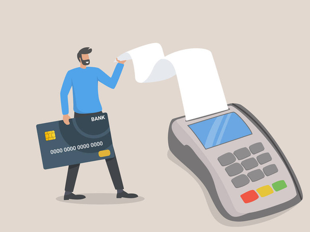 Illustration Zahlung per Karte. kontaktloses Bezahlen. Online-Einkauf. Mann mit Bankkarte am Terminal - Vektor, Bild