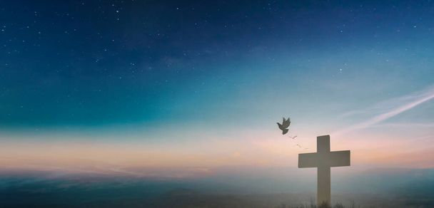 Silhueta Jesus Cristo crucifixo na cruz no calvário sunset fundo conceito para boa sexta-feira ele ressuscitou no dia da Páscoa, boa sexta-feira adoração em Deus, Christian rezando em espírito santo religioso - Foto, Imagem