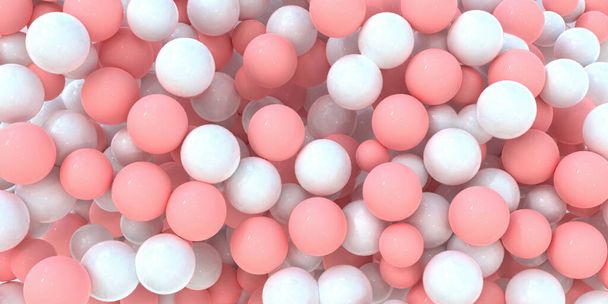 3d illustratie, abstracte achtergrond. Mooie, heldere glanzende plastic ballen van rode en witte kleuren met een schaduw en reflectie, verschillende maten en op verschillende niveaus.3d render, ansichtkaart, flyer. - Foto, afbeelding