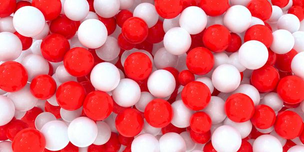 3D ilustrace, abstraktní pozadí. Krásné, lesklé plastové koule červené a bílé barvy se stínem a odrazem, různé velikosti a na různých úrovních.3D vykreslování, pohlednice, leták. - Fotografie, Obrázek