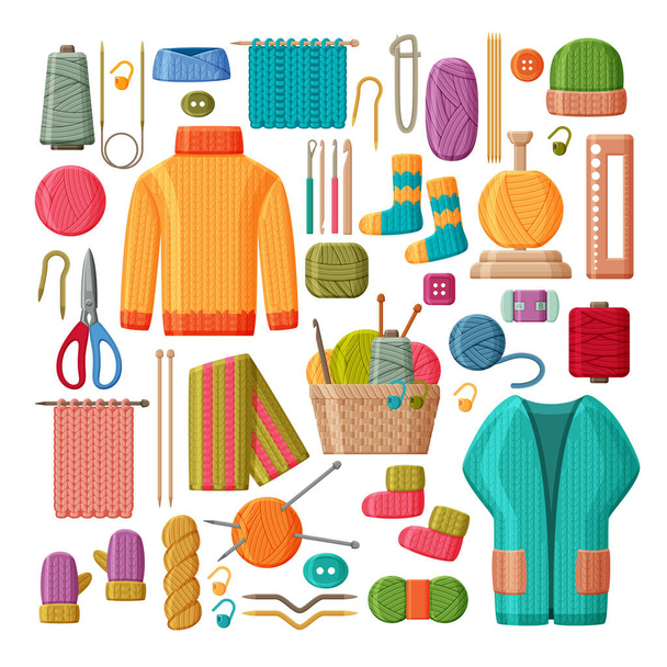 Set of woolen knitted clothes and knitting tools isolated on white background. Yarn buttons, hook and scissors, jumper, socks and mittens - Vector, Image
