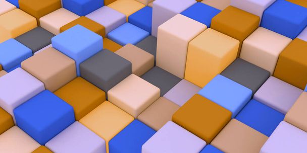 Illustration 3d. Surface of bright, colorful cubes of various heights, arranged diagonally. View in perspective. Abstract background.3d rendering.Festive background.background for postcard, flyer. - Photo, Image