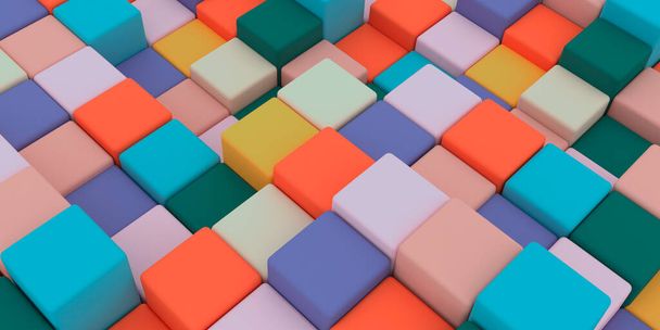 Illustration 3d. Surface of bright, colorful cubes of various heights, arranged diagonally. View in perspective. Abstract background.3d rendering.Festive background.background for postcard, flyer. - Photo, Image