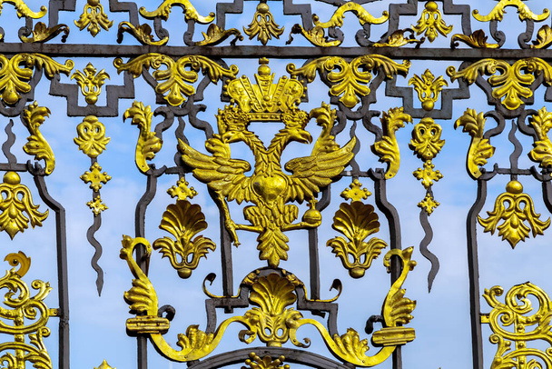 Dwugłowy orzeł. Pałac Katarzyny złote bramy murowane królewskie ogrodzenie rezydencji z ornamentem w carskim Selo, Puszkin, Petersburg, Rosja - Zdjęcie, obraz
