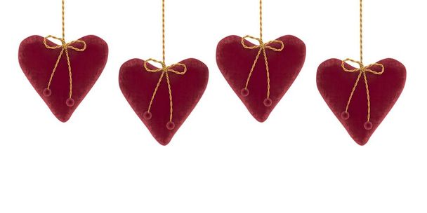 Походження святкового дня в день святого Валентина з місцем для тексту. Ряд червоних м'яких оксамитових сердець ізольованих на білому. 3 Д ілюстрація. Тарілка для листівки, запрошення, банер. 3D візуалізація - Фото, зображення