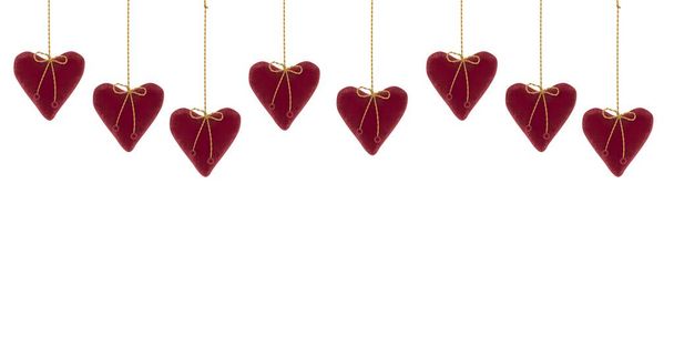 Походження святкового дня в день святого Валентина з місцем для тексту. Ряд червоних м'яких оксамитових сердець ізольованих на білому. 3 Д ілюстрація. Тарілка для листівки, запрошення, банер. 3D візуалізація - Фото, зображення