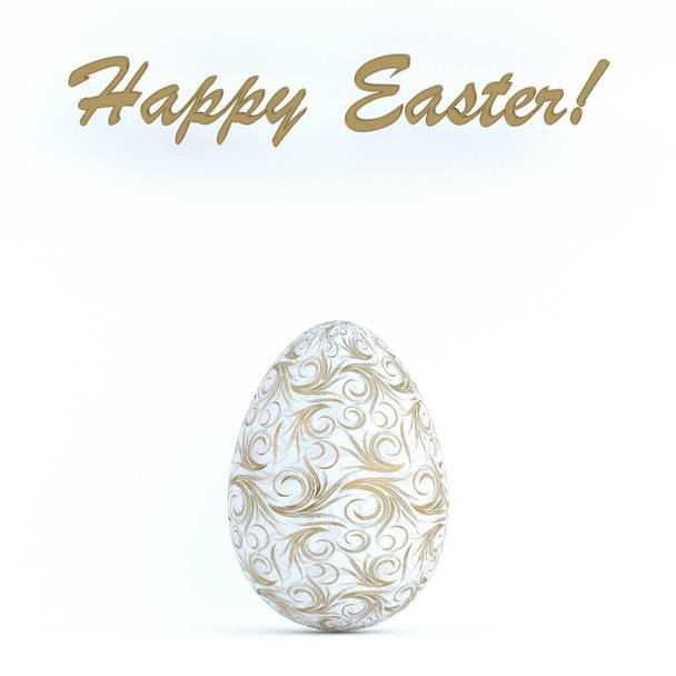 Easter greeting card. Easter egg with orange ornament isolated on white background with a congratulatory inscription. 3d illustration, render. - Photo, Image
