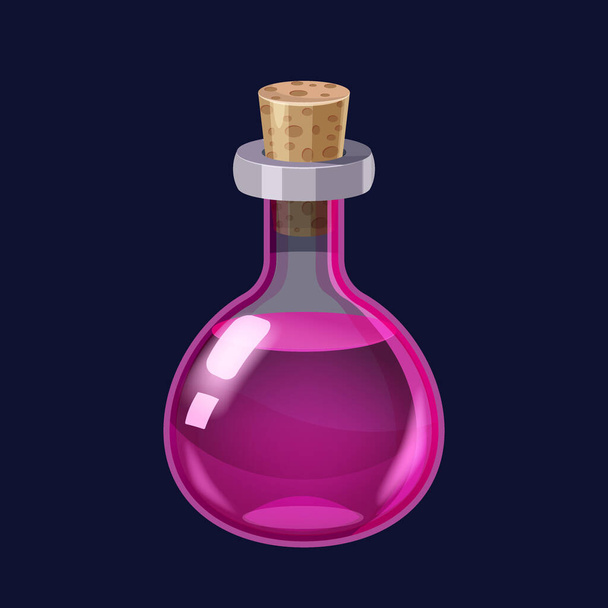 Bottiglia con liquido viola pozione magica elisir gioco icona GUI. Illustrazione vettoriale per app giochi interfaccia utente isolato stile cartone animato - Vettoriali, immagini