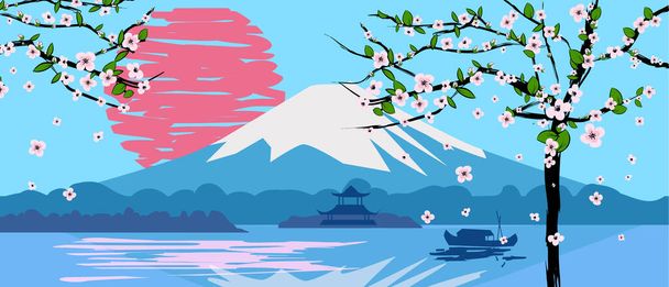 Fuji Mountain Sonnenaufgang Landschaft Japan-Panorama. Kirschblütenbaum Frühling, See, Sonne, Boot asiatischer Tempelvektor Illustration Plakat Banner isoliert - Vektor, Bild