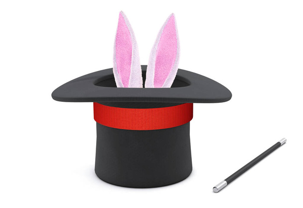 Magician hat. Rabbit ears stick out with a black top hat with a red ribbon and a magic wand. isolated on white background. 3d render - Photo, Image