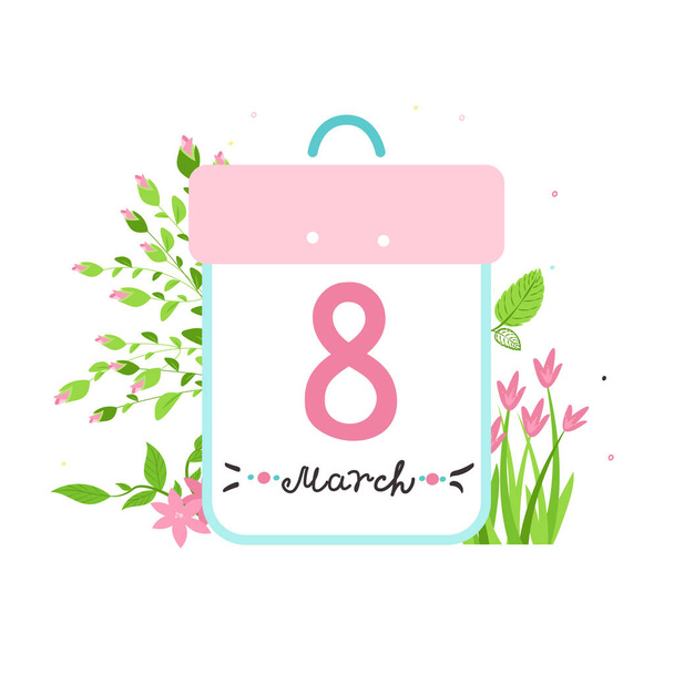 8 maart kalender concept damesdag. Letteren en roze nummer 8. Rozen, tulpen, bladeren op de achtergrond. Leuke ansichtkaart. Vector illustratie. Handgetekende stijl. - Vector, afbeelding