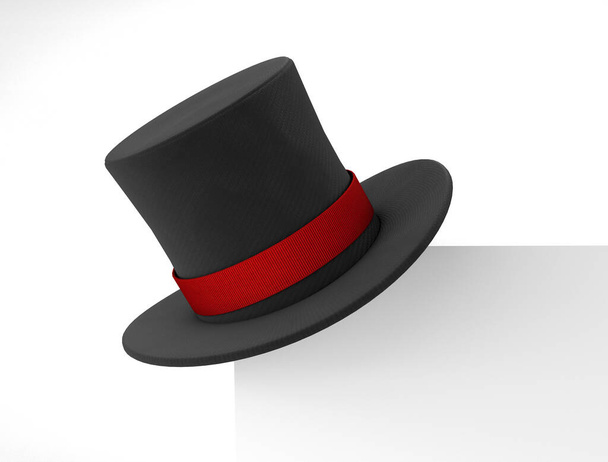 Chapéu mágico. Chapéu de cilindro preto com uma fita vermelha no canto da folha de moldura. isolado em fundo branco. Renderização 3d - Foto, Imagem