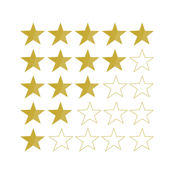 Qualitätsbewertung gestreiftes Symbol mit fünf gelben Sternen isoliert auf weiß. Abnahme des Ratings. Bewertung von Waren, Verfassen von Bewertungen über Lieferung, Hotels, Geschäfte. Vektorillustration. Flach. - Vektor, Bild