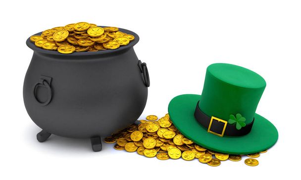 St. Patricks Day. Green Leprechaun Hat with Clover and Treasure pot full of gold coins. isolated on white background. 3d render - Photo, Image