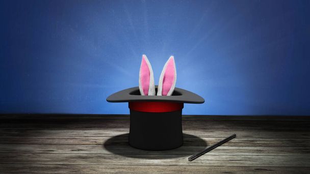 Magician hat. Rabbit ears stick out with a black top hat with a red ribbon and a magic wand. Blue background with wooden floor. 3d render - Photo, Image