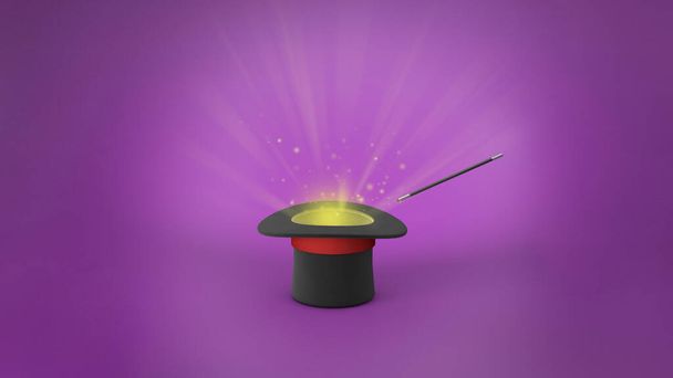 Magician hat. Light rays from a black top hat with a red ribbon and a magic wand. Purple background. 3d render. - Photo, Image