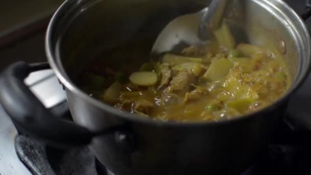 Ο σεφ ανακατεύοντας και μαζεύοντας χοιρινό κρέας και διάφορα μπαχαρικά με κουτάλα στην κατσαρόλα κατά τη διάρκεια του μαγειρέματος. Βαρύ φαγητό. Τοπικά τρόφιμα. - Πλάνα, βίντεο