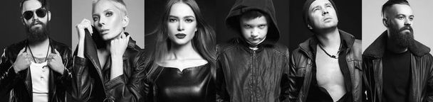 Different beautiful models in leather style wear. Black and white Fashion collage of beautiful people in leather. Girls and boys - Photo, Image
