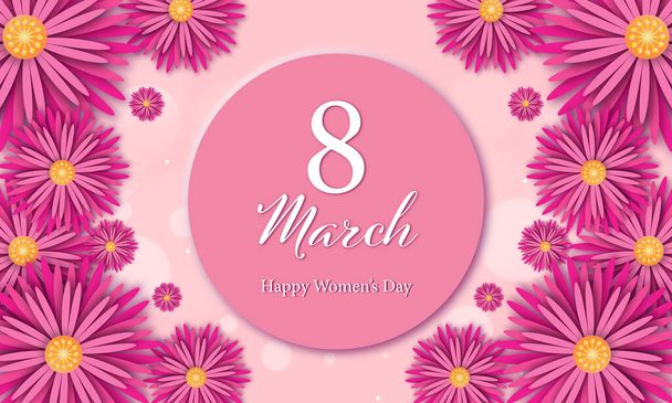 International Women's Day on pink background. 8 March holiday background with paper cut Frame Flowers. Trendy design template. - Vecteur, image