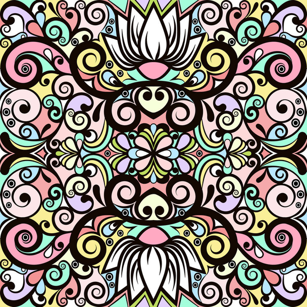 Floral abstract ornament, bright pastel colorful pattern, multicolored background, ethnic swirl tracery, hand drawing. Ornate decoration with flowers and curls isolated. Vector illustration - Zdjęcie, obraz