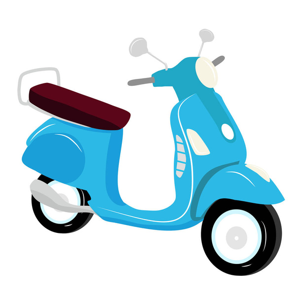 Blue vintage scooter on white background isolated, vector illustration, urban life, ride a motorbike in the city. Rent motorbike. Food and parcel delivery. Editable EPS 10. - Vector, imagen