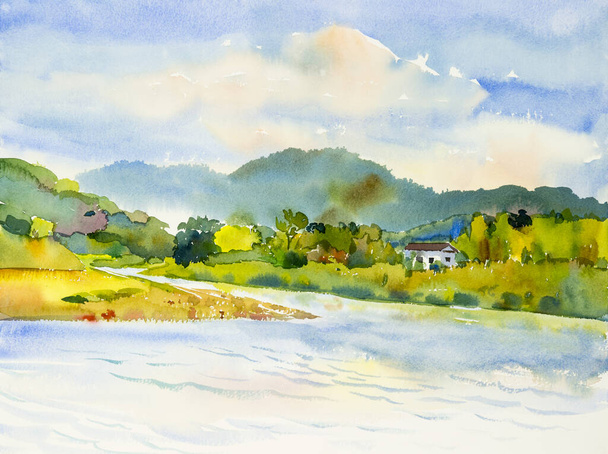 Aquarela paisagem original pintura colorida de casa com rio e floresta de montanha na beleza natureza primavera temporada. Impressionista pintado, imagem ilustração - Foto, Imagem