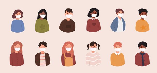 Set of kids avatars. Bundle of children wearing medical face masks to prevent disease, flu, contaminated air pollution. Boys and girls with different skin colors, ethnicities. Flat vector illustration - Vector, Image