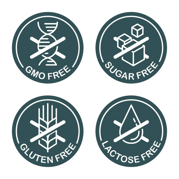 Lactose, Gluten, GMO, Sugar free flat pictograms - Вектор, зображення