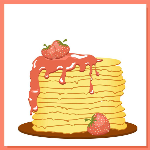 Pancakes. Strawberry jam. Maslenitsa week. Spring festival meeting. Pancakes isolated on white background. Vector illustration. - Vector, Image
