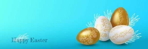Realistic Gold and white easter eggs with flower ornaments on blue background. Vector illustration - Διάνυσμα, εικόνα