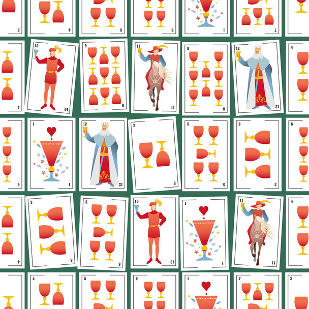 Spanische Spielkarten zeichnen ein nahtloses Muster. Pokale - Vektor, Bild