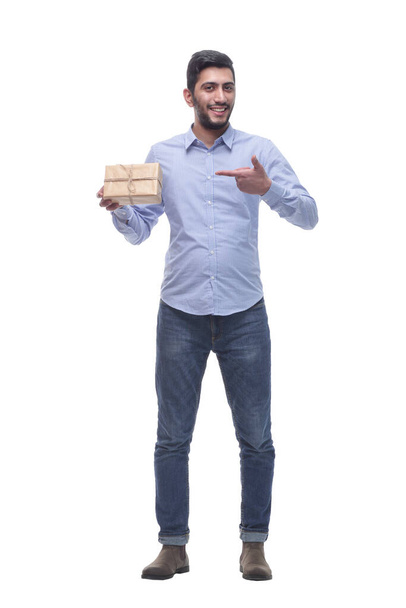 happy young man with a gift in craft-paper. - Foto, Imagem