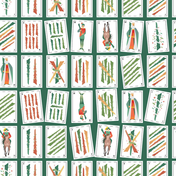 Spanische Spielkarten zeichnen ein nahtloses Muster. Stäbe.  - Vektor, Bild