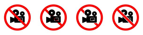 Δεν έχουν οριστεί εικονίδια κάμερας. Εικονίδιο απαγόρευσης κάμερας. Απαγορεύεται η βιντεοκάμερα. Διακοπή ή απαγόρευση κόκκινο στρογγυλό σημάδι με εικονίδιο βιντεοκάμερα. Εικονογράφηση διανύσματος. - Διάνυσμα, εικόνα