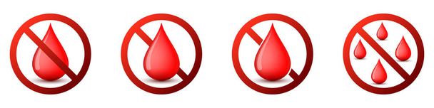 No blood drop icon. Blood donation is prohibited. Stop or ban red round sign with blood drop icon. Vector illustration. Forbidden signs set. - Vetor, Imagem