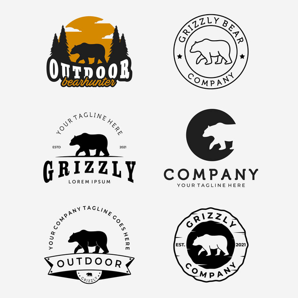 Set of Walking Bear Hunter Logo Vector Design, Emblem Bundle of Bear Grizzly Vintage and Line Art Illustration - Διάνυσμα, εικόνα