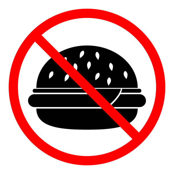 Žádná cedule s hamburgery. Rychlé občerstvení je zakázáno. Zastavte nebo zakažte červenou kruhovou značku s ikonou hamburgeru. Vektorová ilustrace. Zakázané znamení. - Vektor, obrázek
