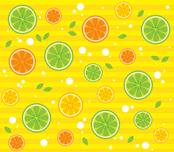 漫画プリティーライムまたはレモンとオレンジの果物のパターン黄色の背景、ベクトルイラスト. - ベクター画像