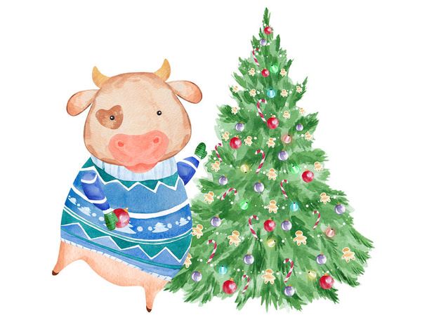 Linda vaca decorando el árbol de Navidad. Acuarela dibujada a mano vaca ilustración - Foto, Imagen